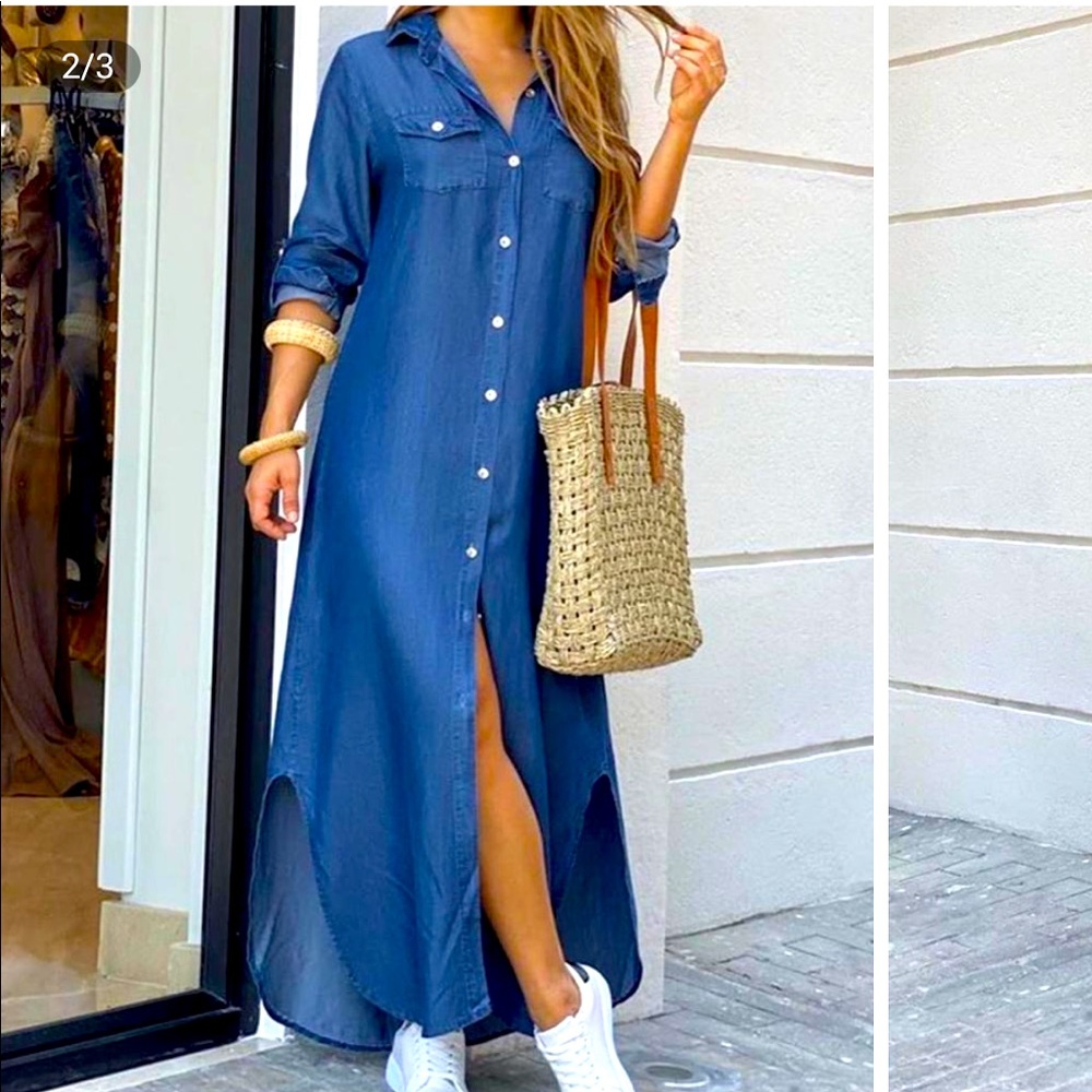 Denim Button Through Dress (With Slits)